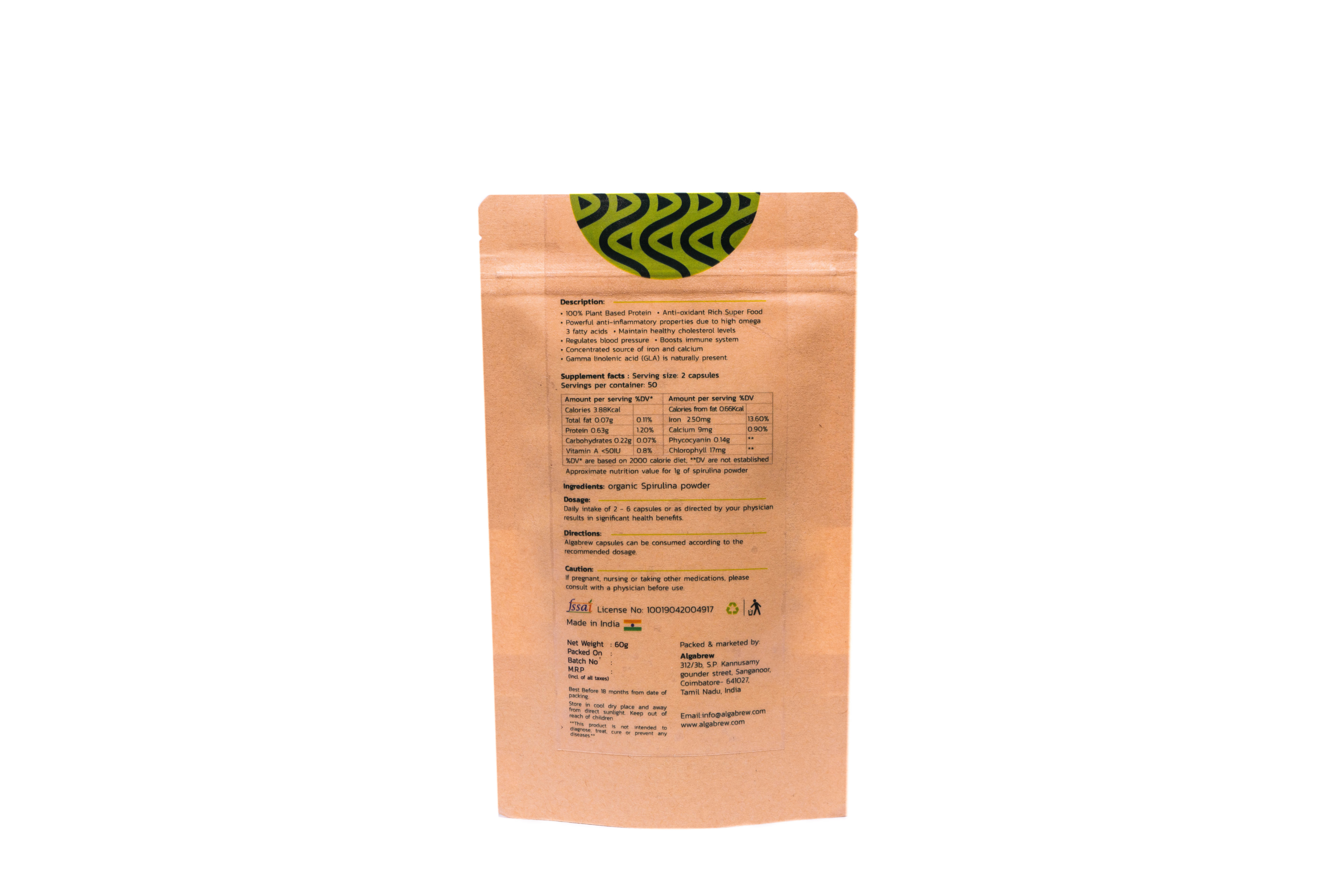 Algabrew Spirulina Capsules Direction: 2-6 Capsules/day Or As Directed By Physician