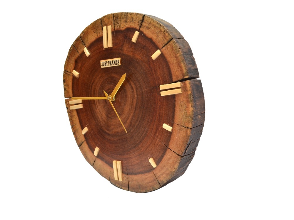Wooden Round Shape Wall Clock - 12 Inch Diameter, Natural Brown Finish | Handcrafted Hardwood, Moisture & Termite Resistant, Decorative Analog Design