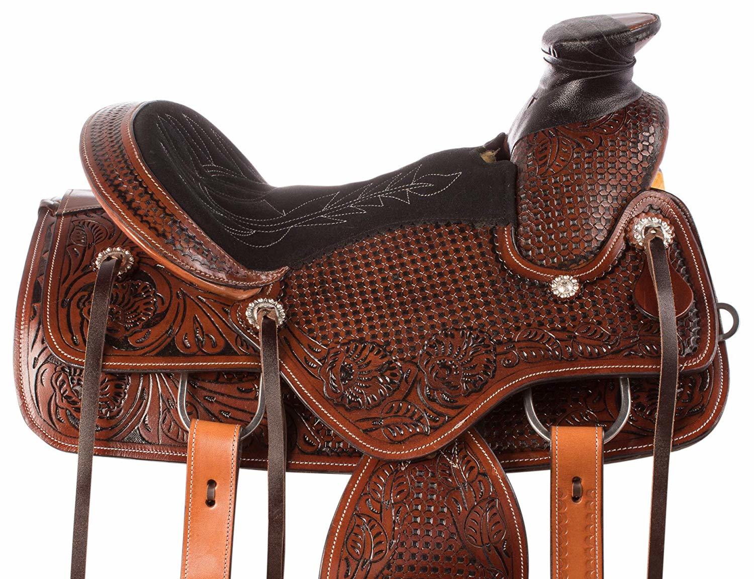 Leather Tooled Western Saddle - Size 14-15-16-17, Brown Color, Customization Available | Classic Design, Weight 7-9 Kg, Thickness 3.5-4.0 Mm