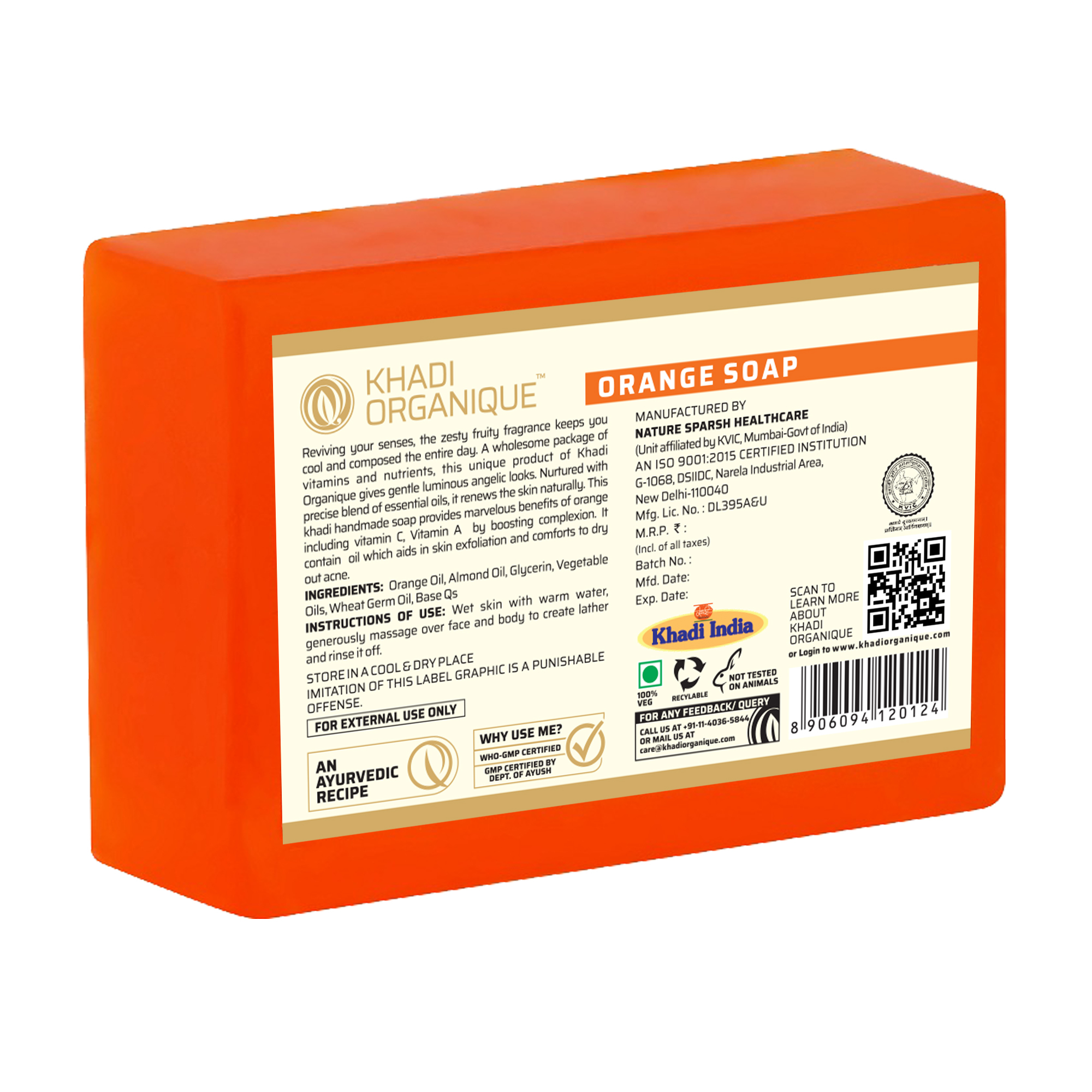 Khadi Organique Orange Soap - Glycerin, 125 Gm | Herbal Bath Soap, Enriched With Vitamin C, Gentle Exfoliation, Refreshing Fragrance, Suitable For All Skin Types