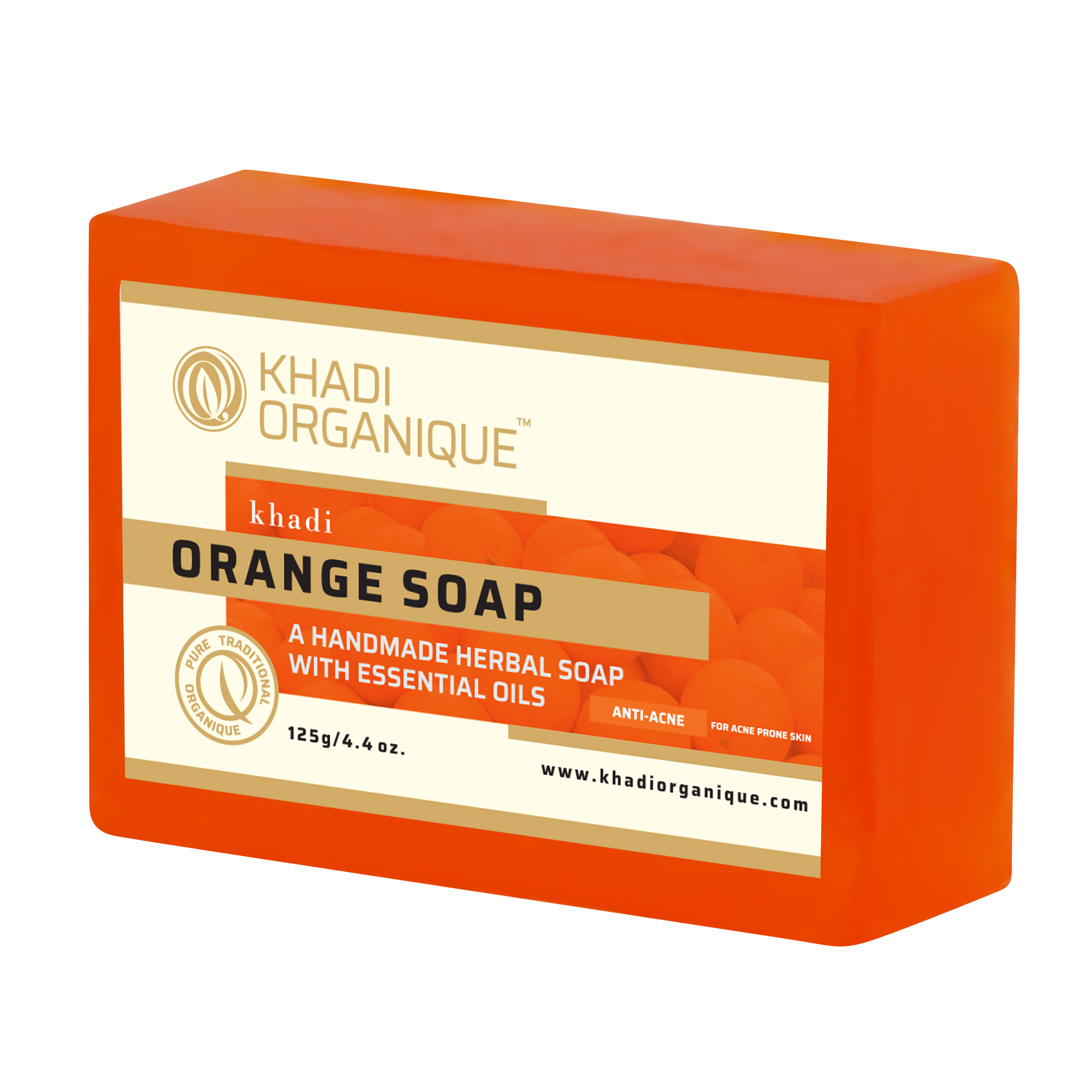 Khadi Organique Orange Soap - Glycerin, 125 Gm | Herbal Bath Soap, Enriched With Vitamin C, Gentle Exfoliation, Refreshing Fragrance, Suitable For All Skin Types