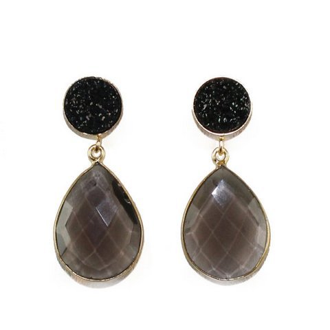 Pear Black Onyx & Black Druzy Gemstone Earrings