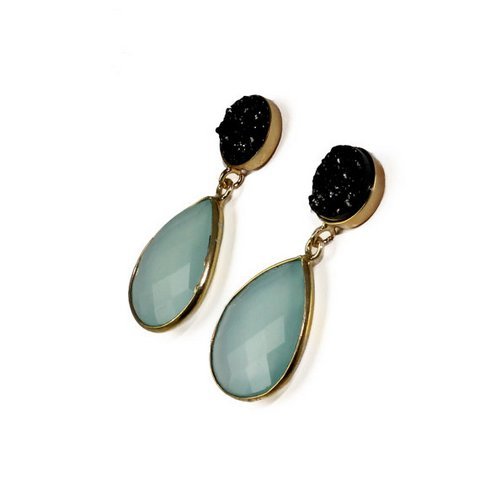 Pear Black Onyx & Black Druzy Gemstone Earrings