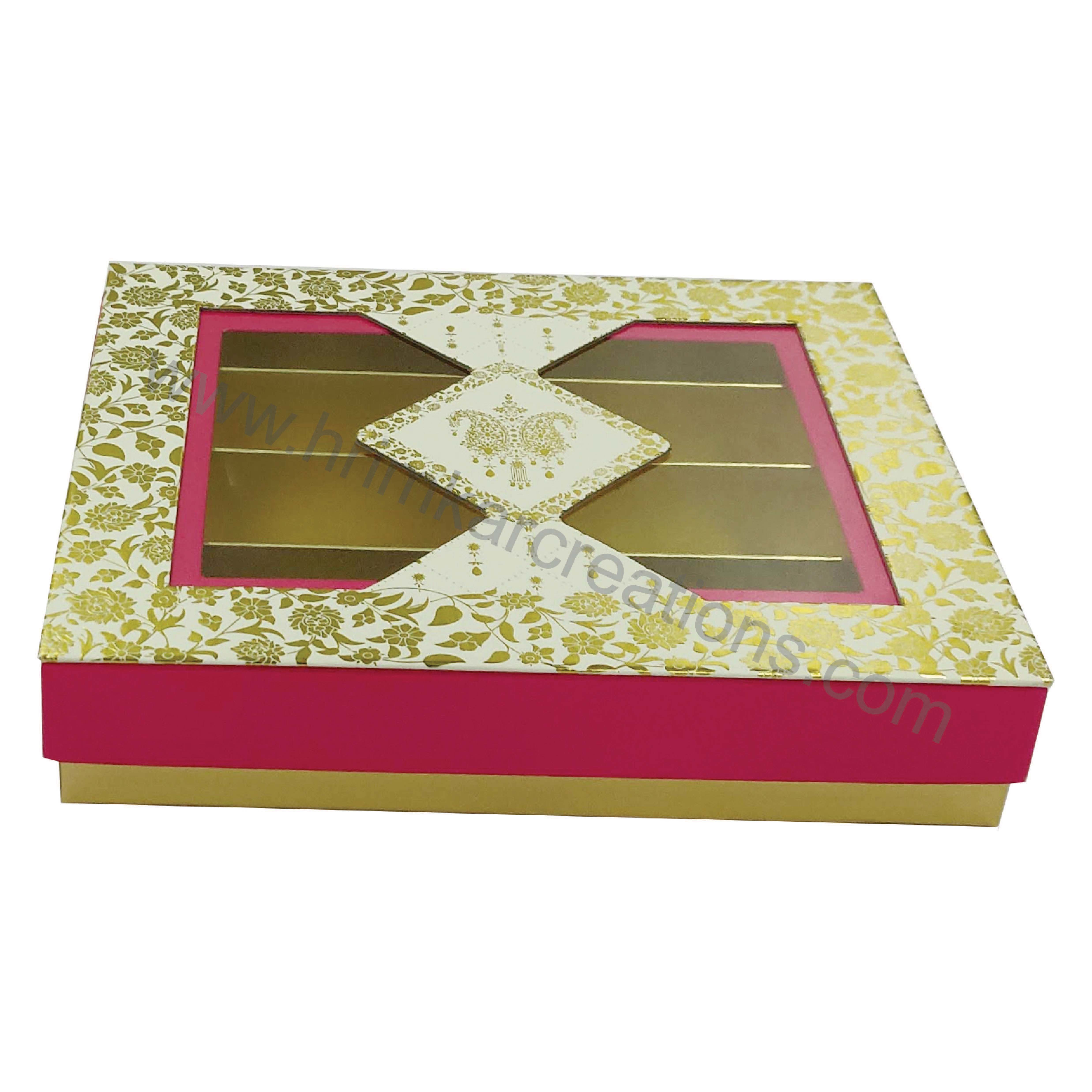 Jharokha Window Sweet Box - Rigid Paper Material, 8.25x7.5x1.5 Inches, Pink And Cream Color | Fancy Premium Design, Matte Lamination, Transparent Viewing Options