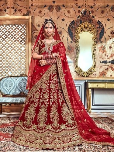 Red Heavy Embroidered Velvet Bridal Lehenga