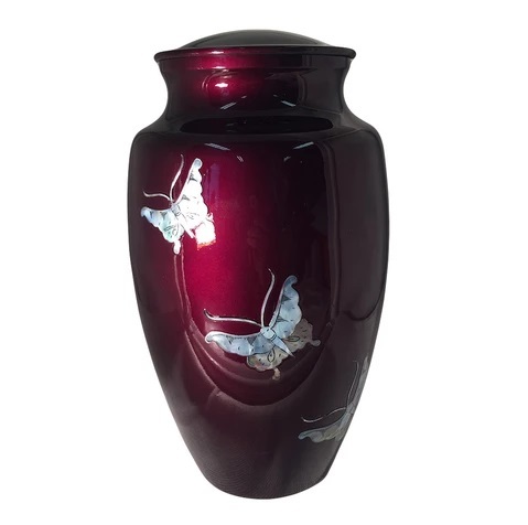 Shiny Red Mother Of Pearl Butterfly Cremation Urn
