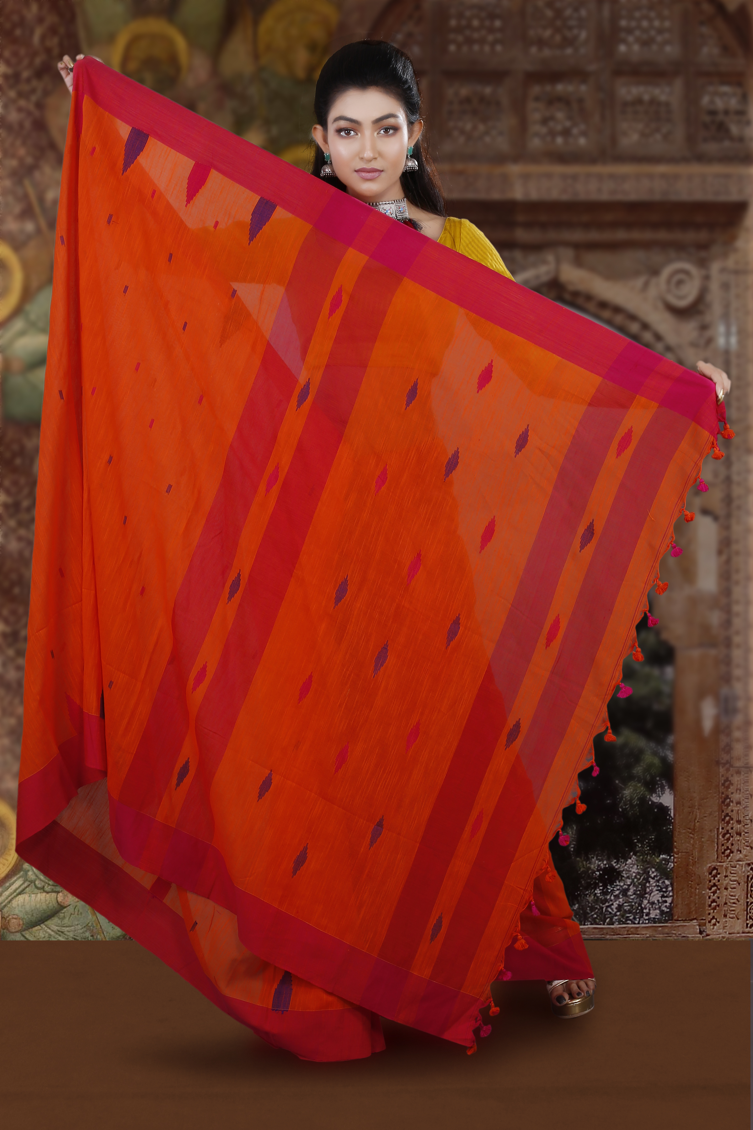 Cotton Orange Handloom Saree With Plain Border