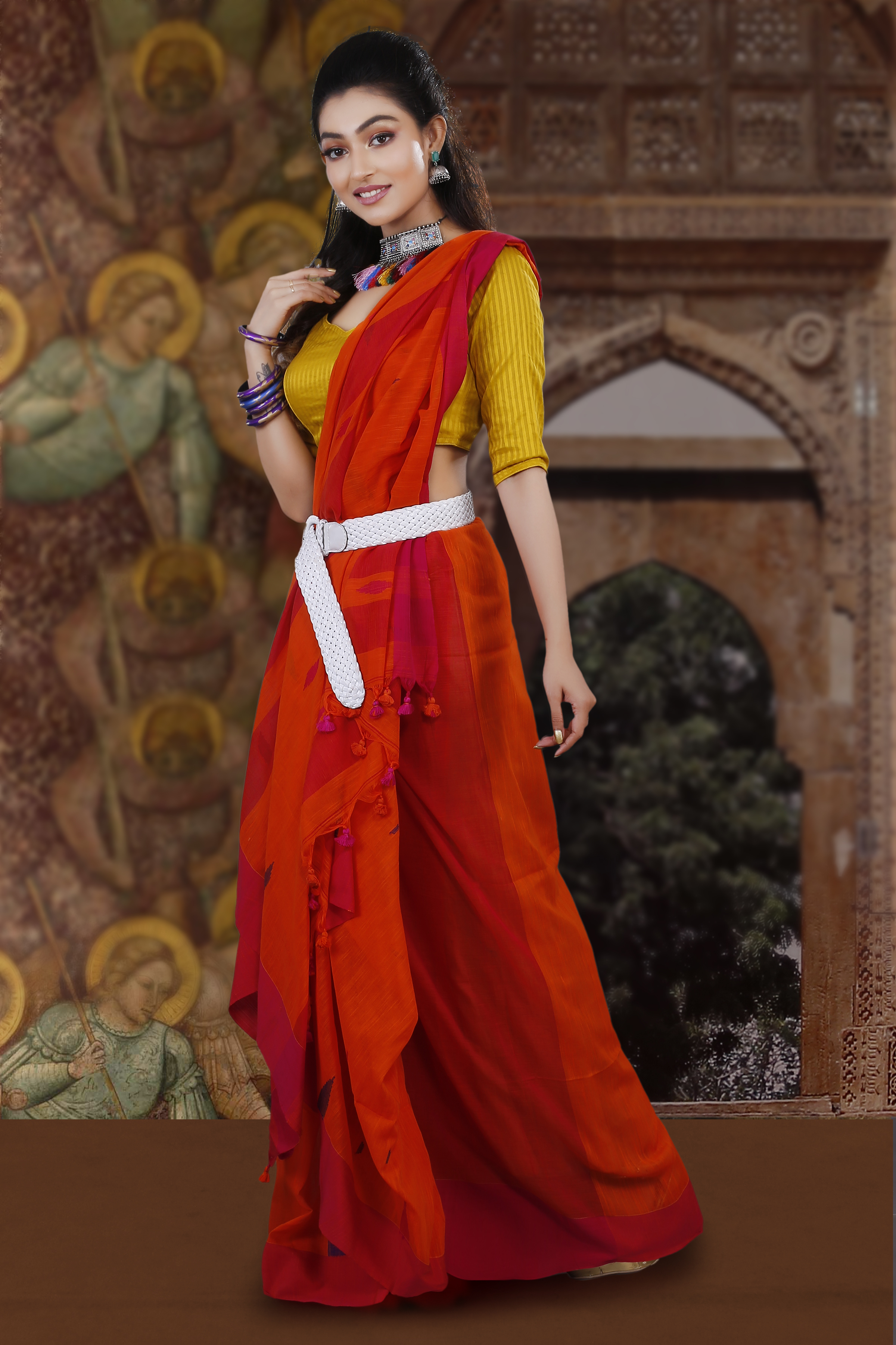 Cotton Orange Handloom Saree With Plain Border