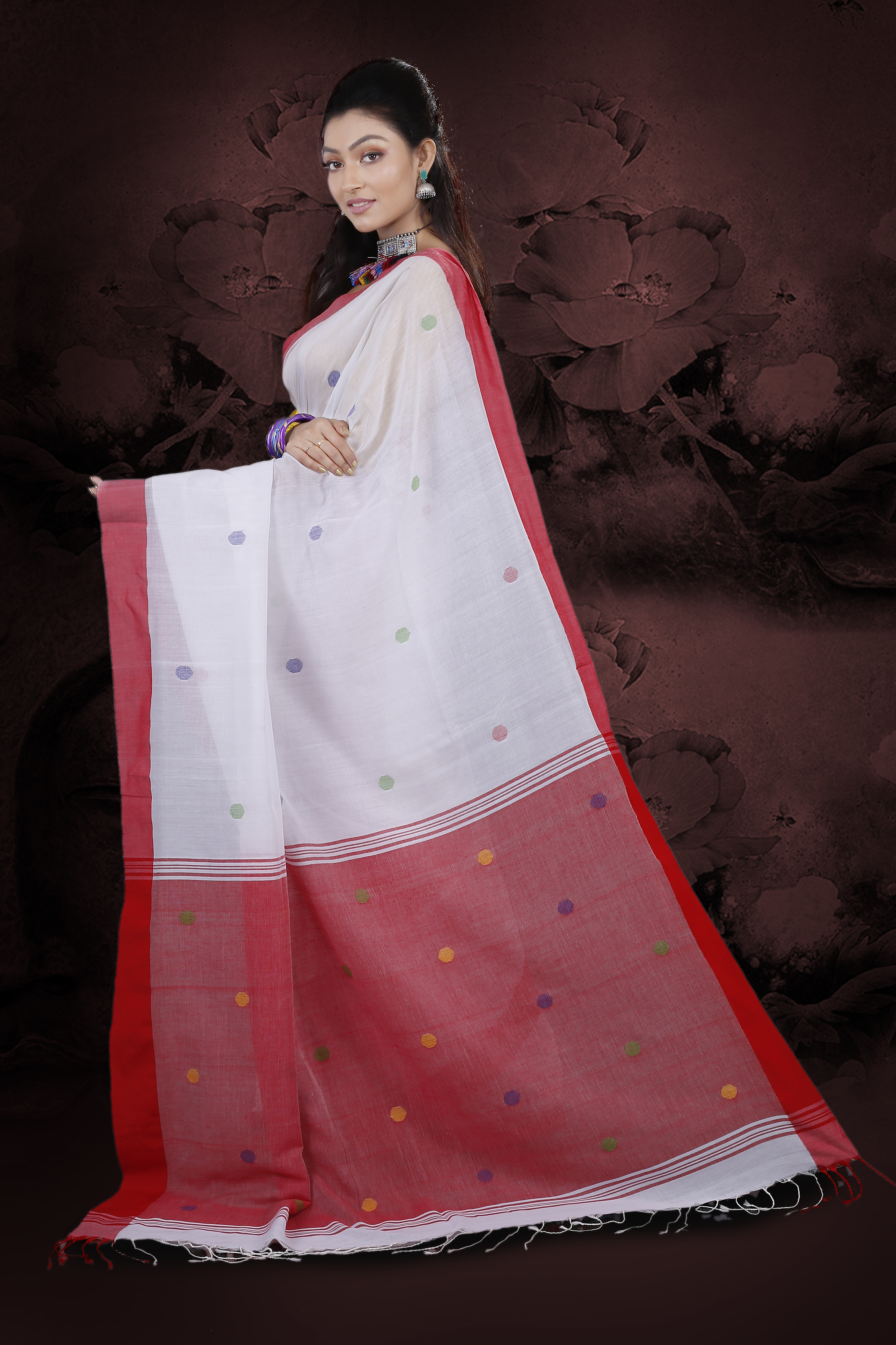 Cotton White Handloom Saree And Red Border