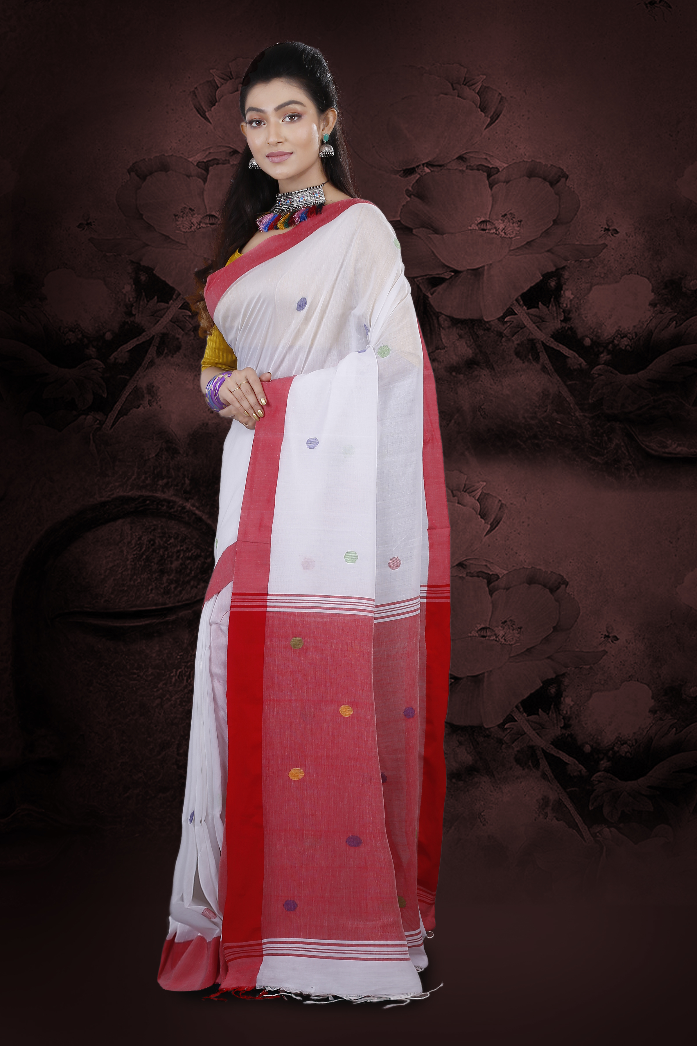Cotton White Handloom Saree And Red Border