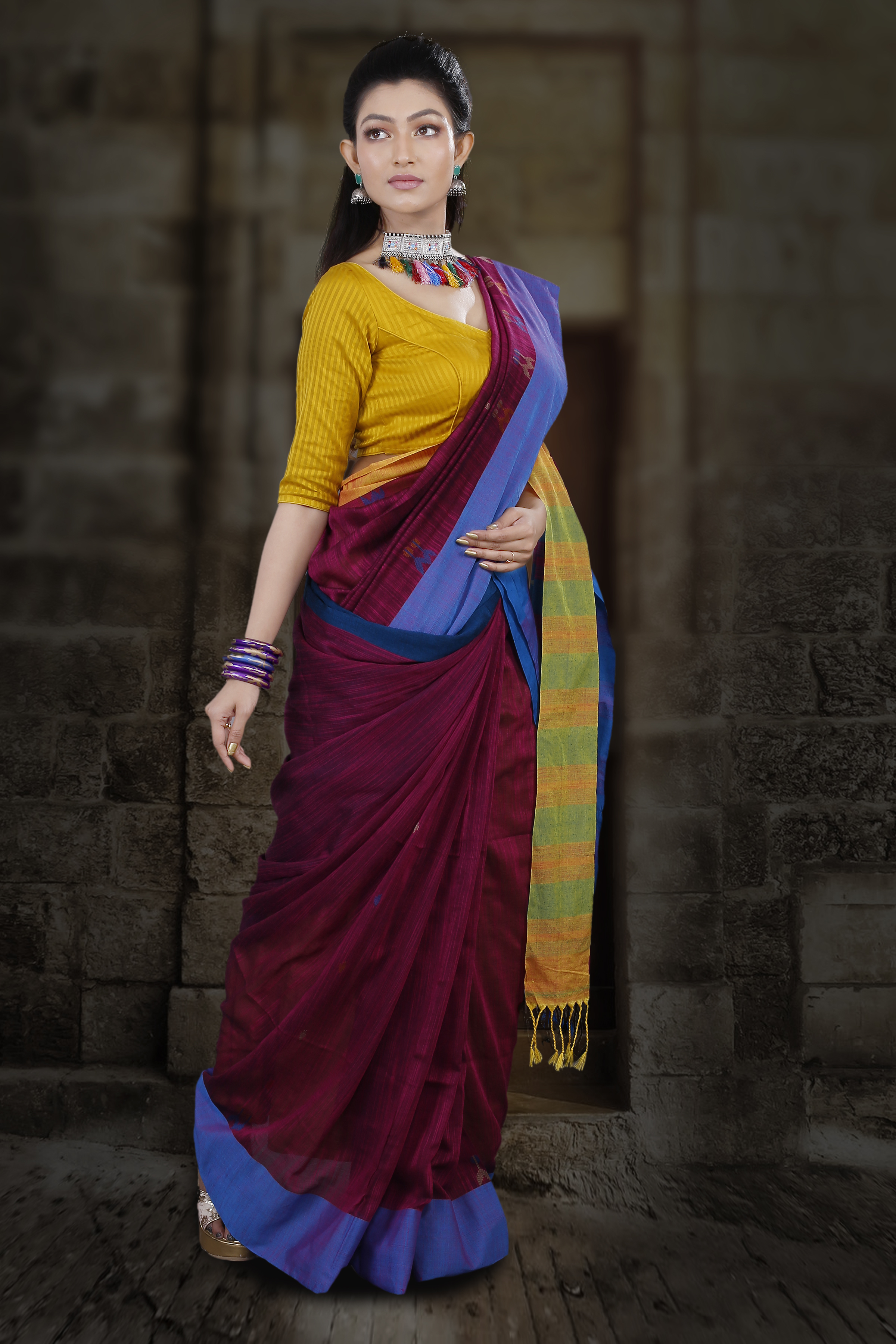 Maroon Hand Woven Cotton Saree - Bold Blue Borders, All Season Wear With Included Blouse Piece