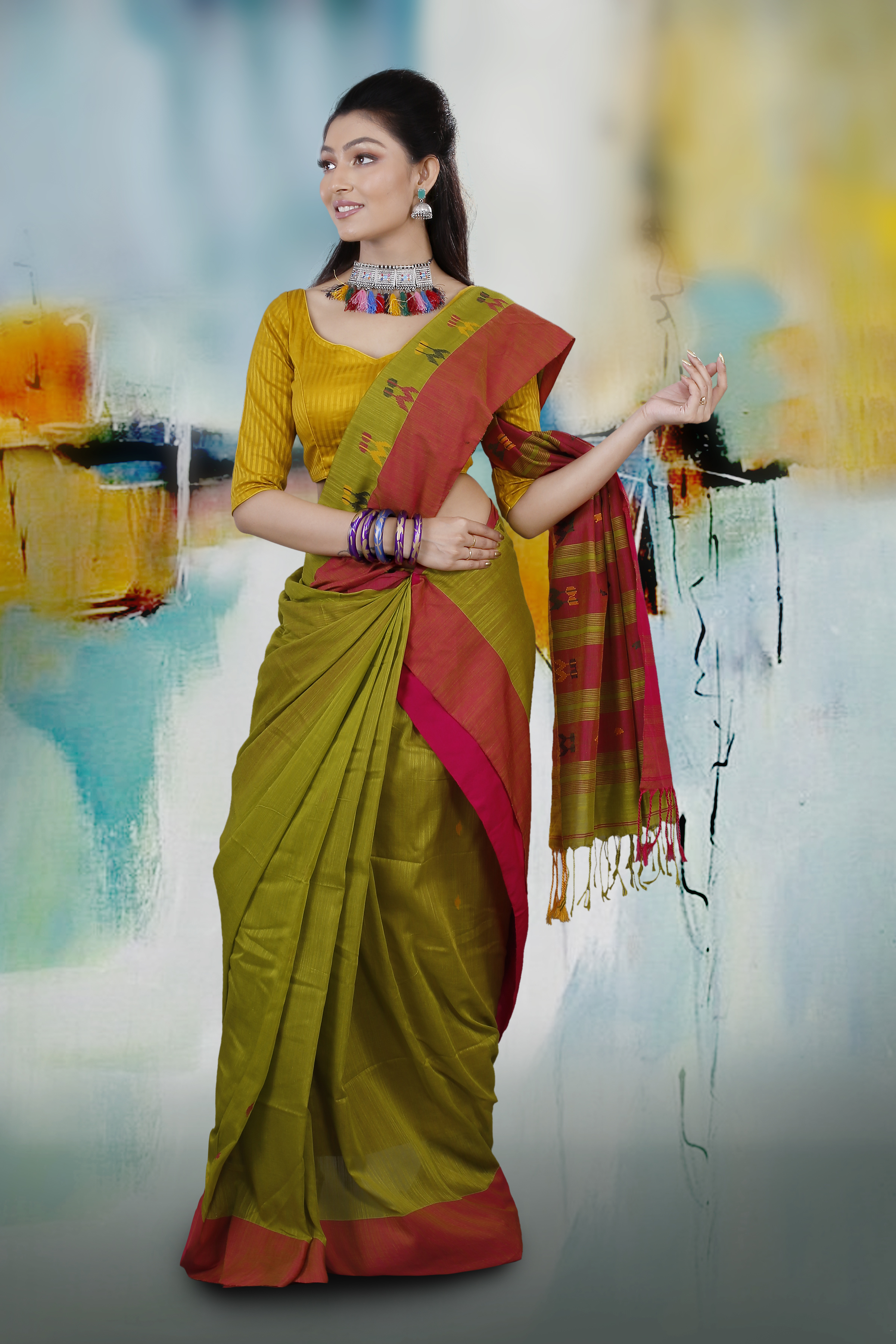 Art Silk Green Handloom Saree With Red Border