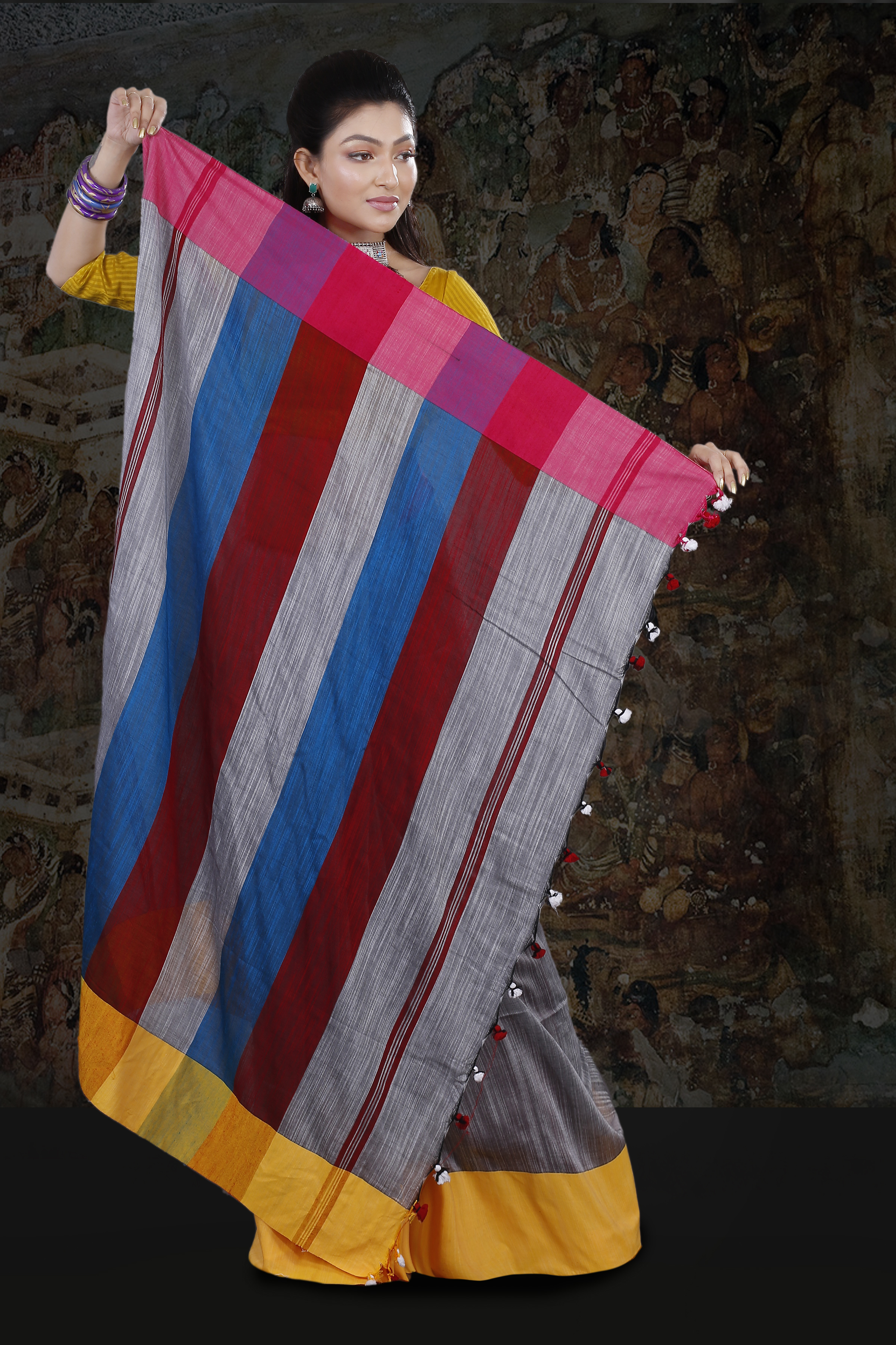 Multi Colour Grey Body With Yellow And Red Border Hand Woven Blended Cotton Saree With Runing Blouse Piece