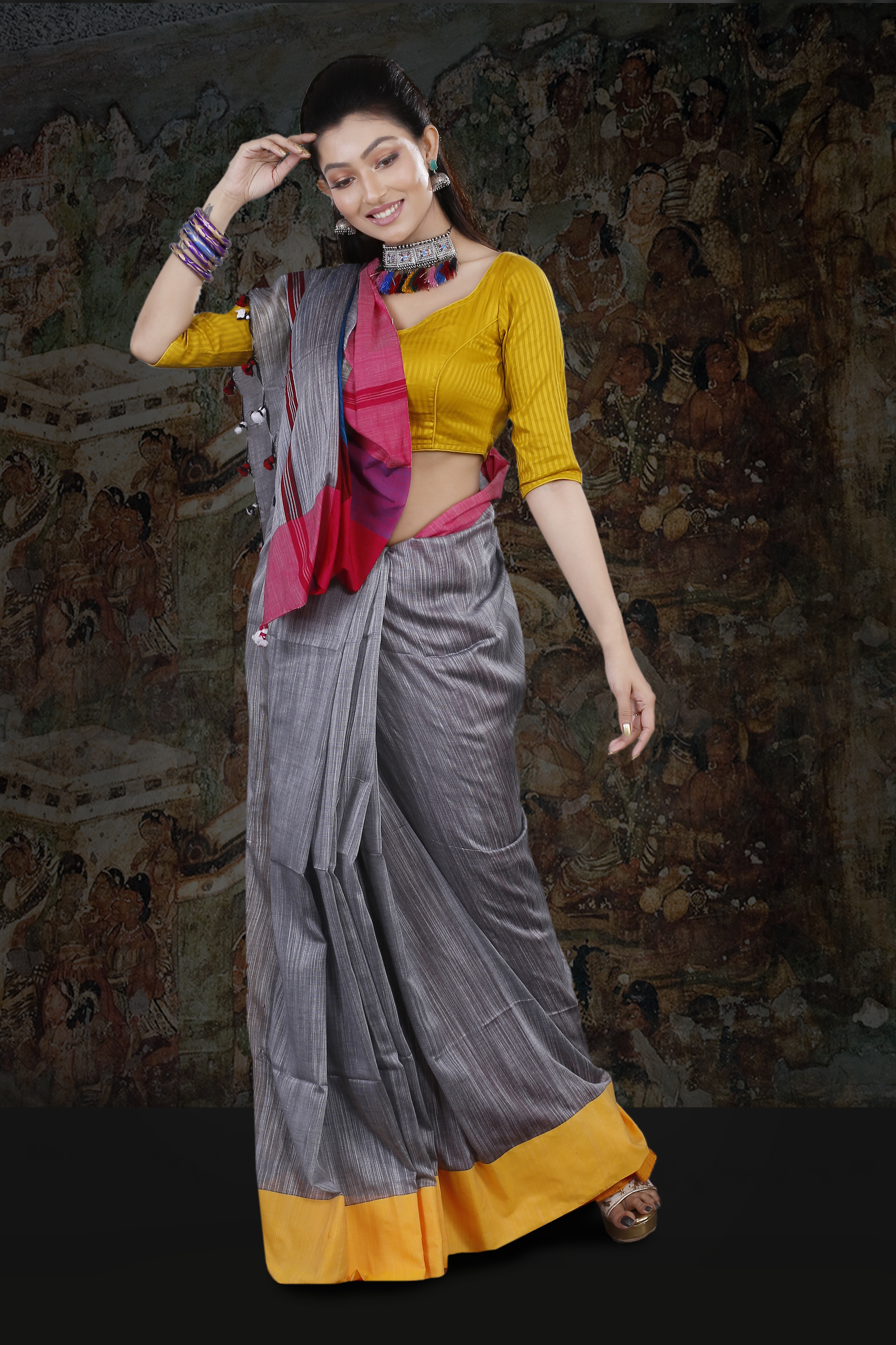 Multi Colour Grey Body With Yellow And Red Border Hand Woven Blended Cotton Saree With Runing Blouse Piece