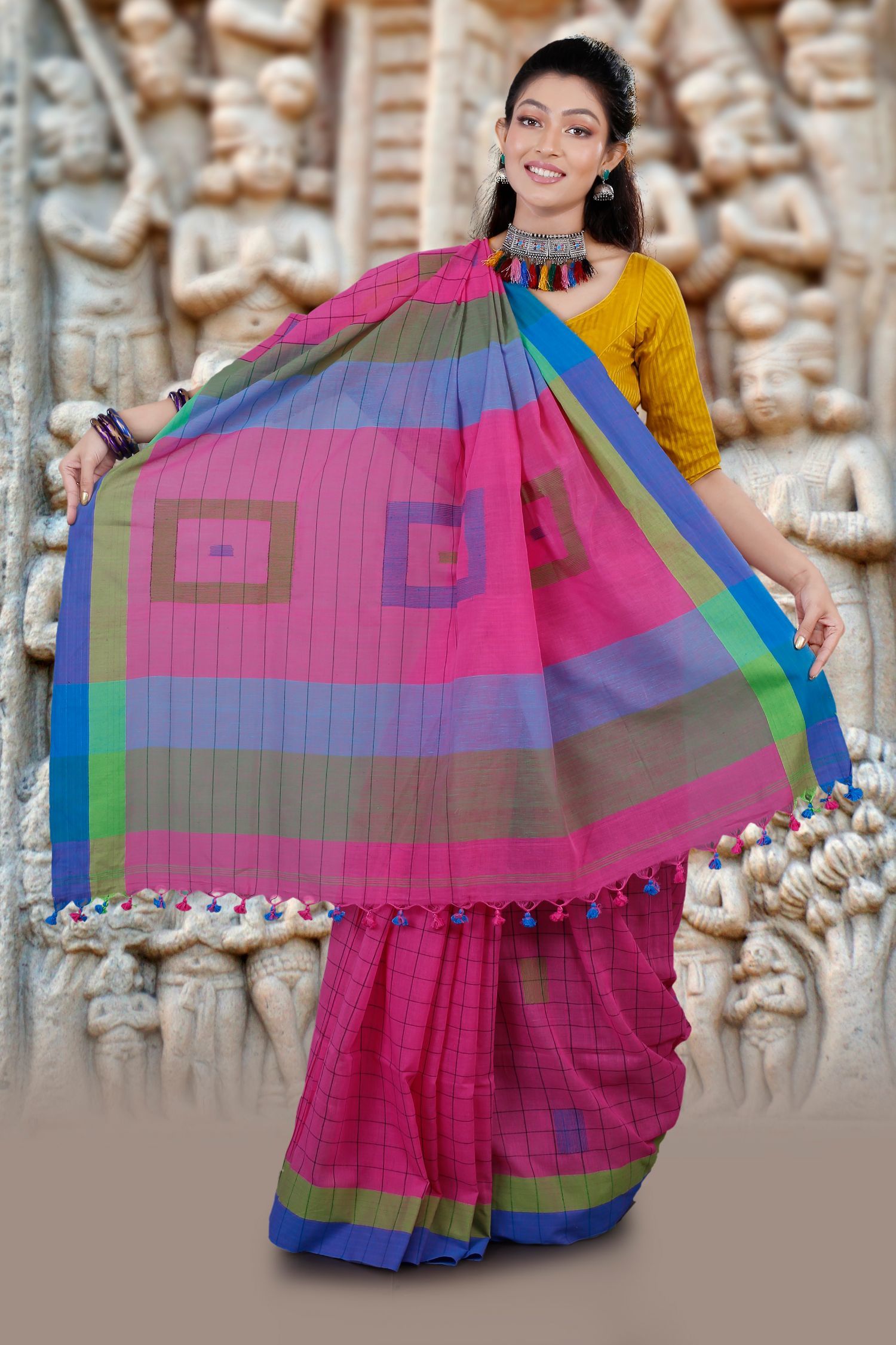 Organza Pink Handloom Saree With Panel Border