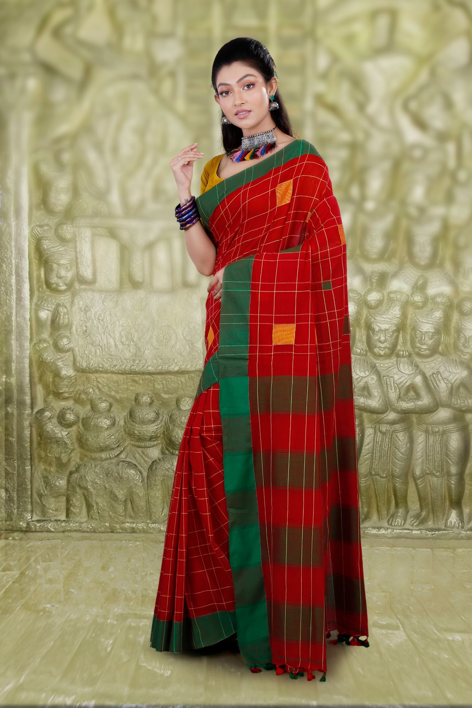 Handwoven Red Hand Woven Cotton Saree With Green Border And Runing Blouse