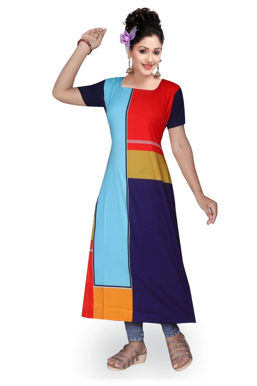 Polster Crepe Long Kurti - Half Sleeves, Square Neck, Multicolor Digital Print | Sizes M, S, L, Xl
