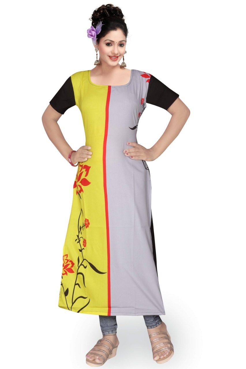 Polster Crepe Long Kurti - Half Sleeves, Square Neck, Multicolor Digital Print | Sizes M, S, L, Xl
