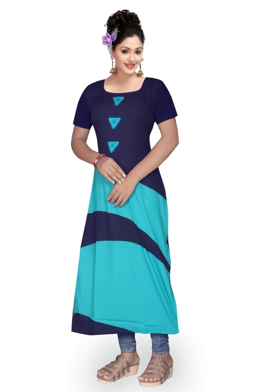 Polster Crepe Long Kurti - Half Sleeves, Square Neck, Multicolor Digital Print | Sizes M, S, L, Xl