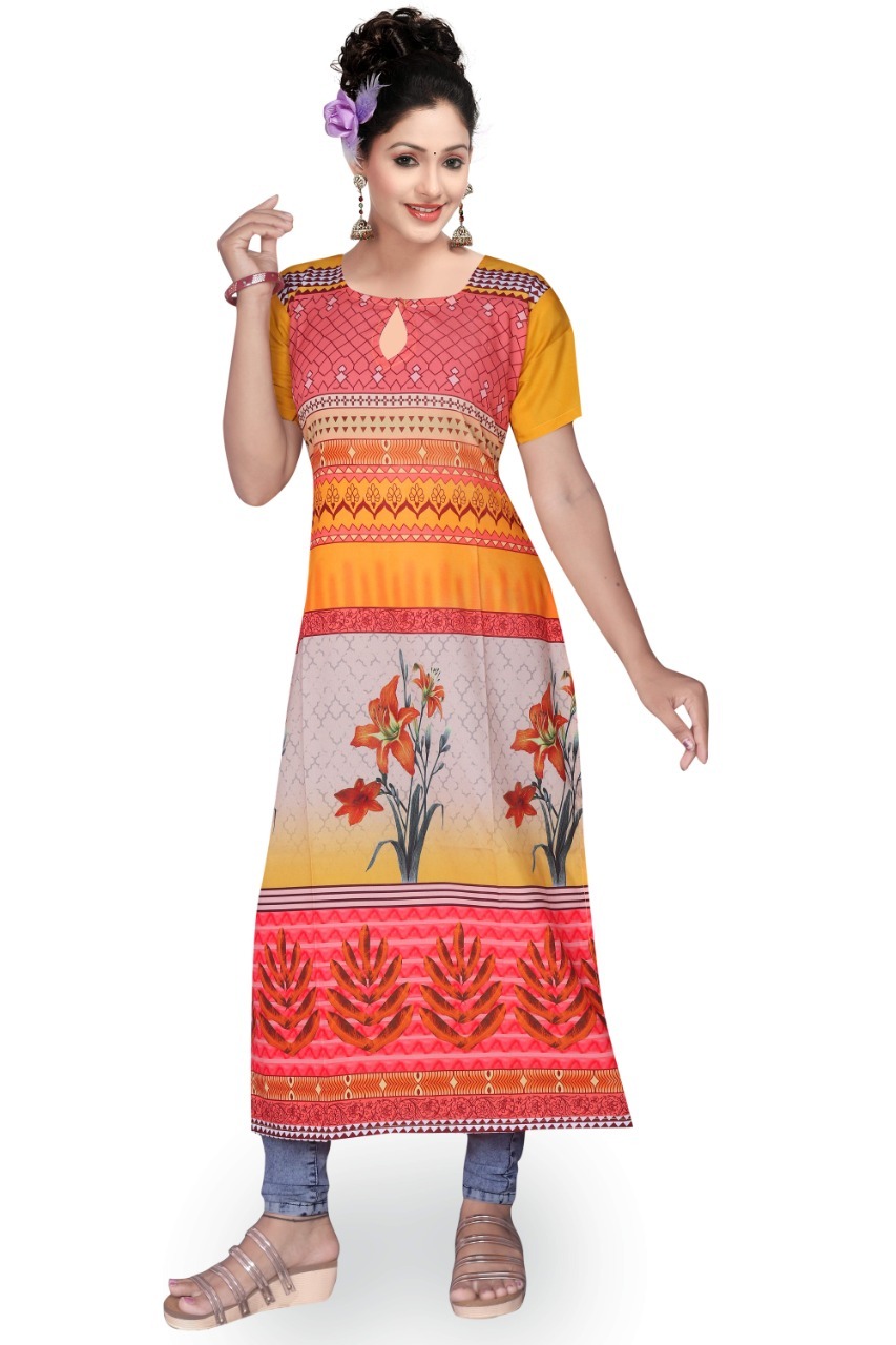 Polster Crepe Long Kurti - Half Sleeves, Square Neck, Multicolor Digital Print | Sizes M, S, L, Xl