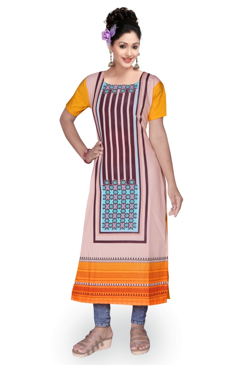 Polster Crepe Long Kurti - Half Sleeves, Square Neck, Multicolor Digital Print | Sizes M, S, L, Xl