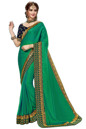 सैटिन एम्ब्रॉएडर्ड लेस बॉर्डर सॉलिड साड़ी