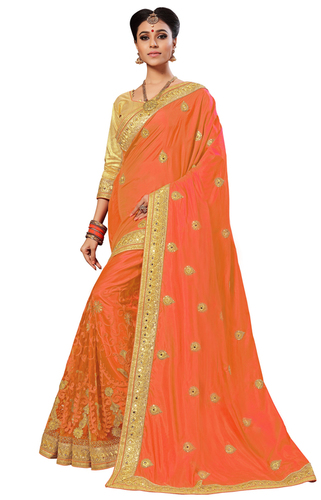 Silk & Net Embroidered Saree - 5.5 Mtr Length, Multicolor Geometric Design | Unstitched Brocade Blouse with Mirror & Thread Work