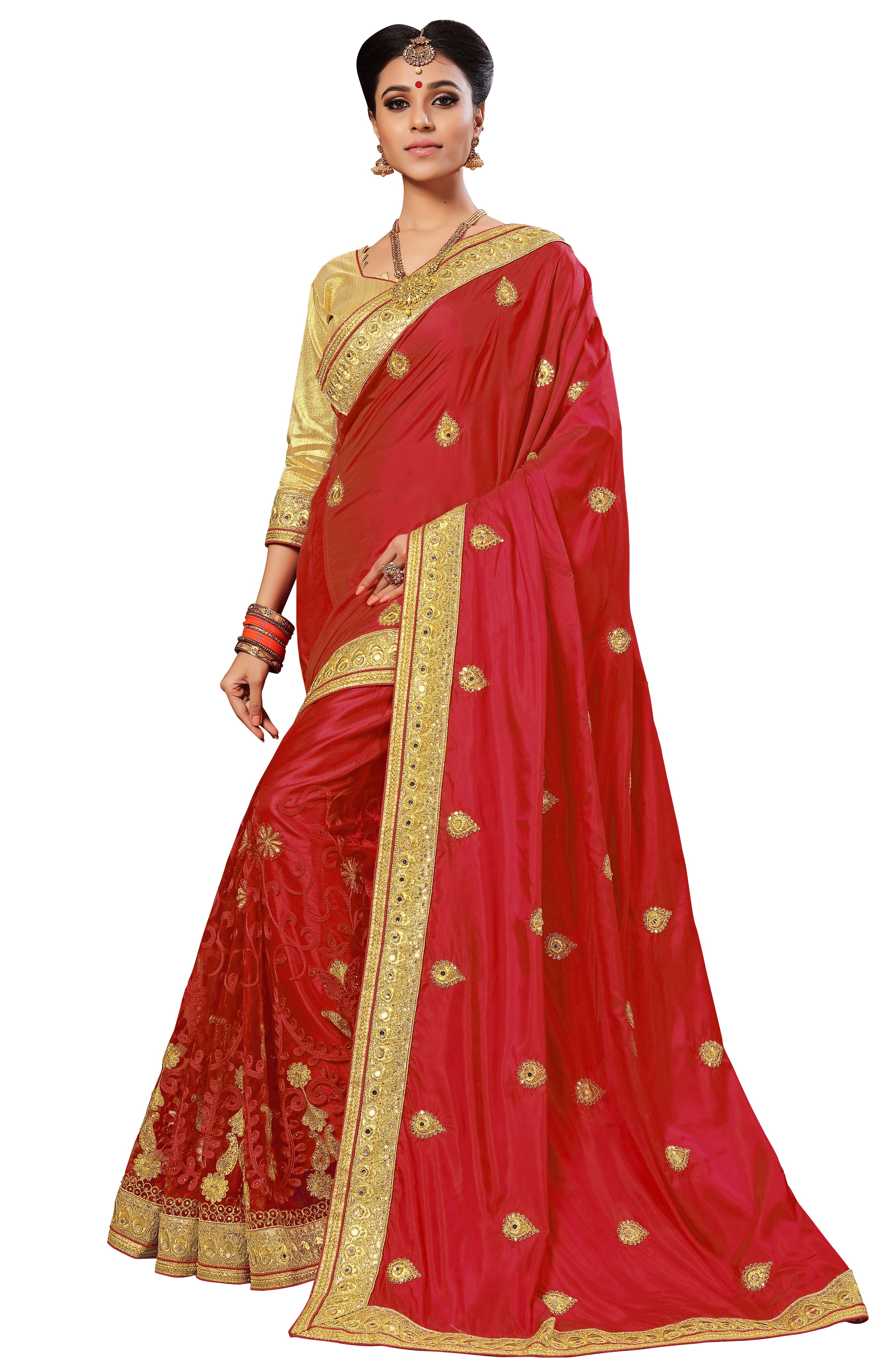Silk & Net Embroidered Saree - 5.5 Mtr Length, Multicolor Geometric Design | Unstitched Brocade Blouse With Mirror & Thread Work