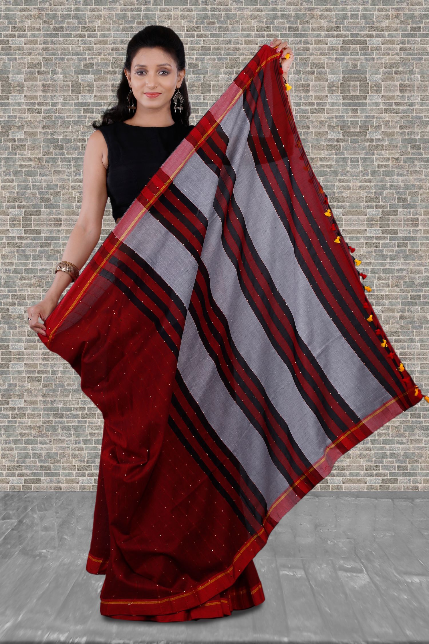 Cotton Red Bengal Hand Woven Saree With Pompom