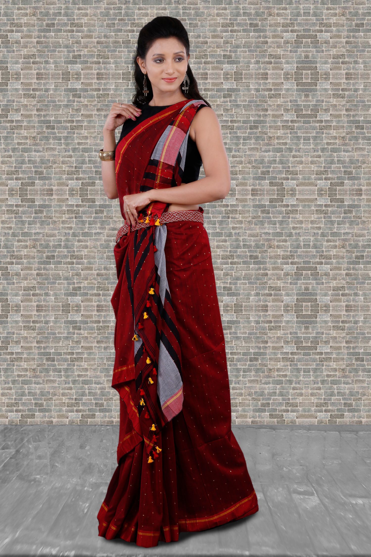 Cotton Red Bengal Hand Woven Saree With Pompom