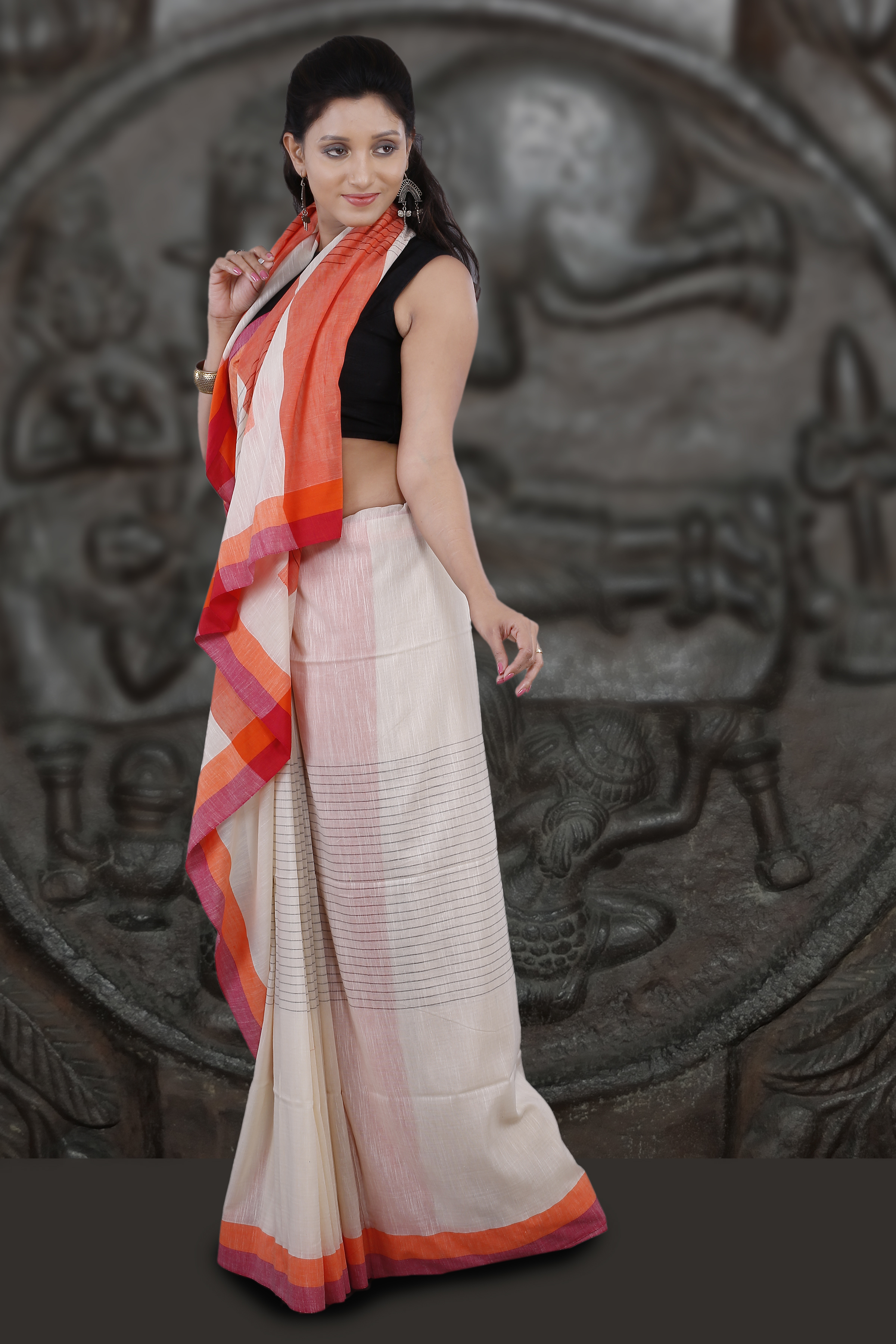 Handwoven White With Orange And Red Contrast Border Hand Woven Cotton Saree