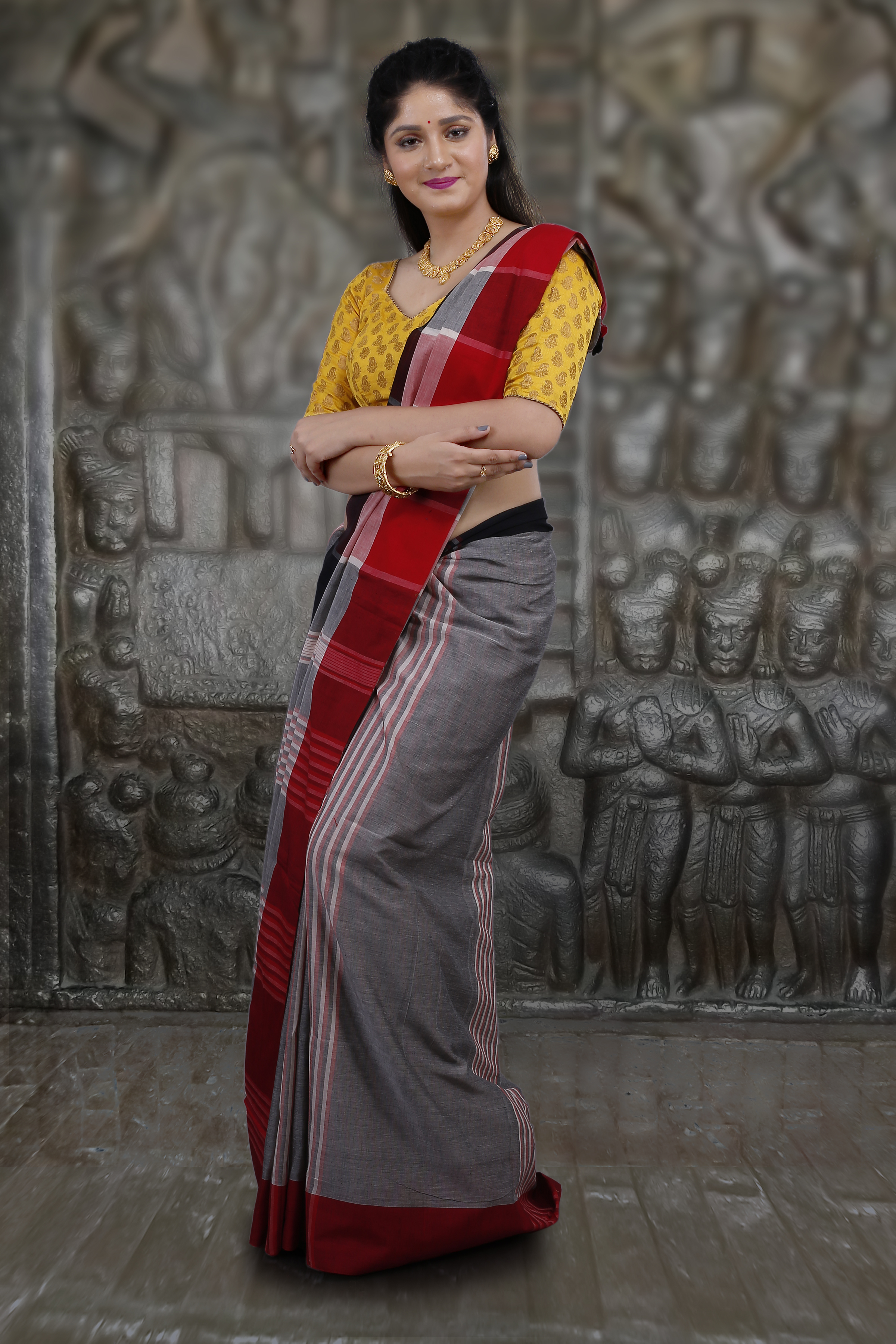 Hand Woven Cotton Saree - Grey Body With Red Border, Includes Running Blouse Piece, All Season Wear