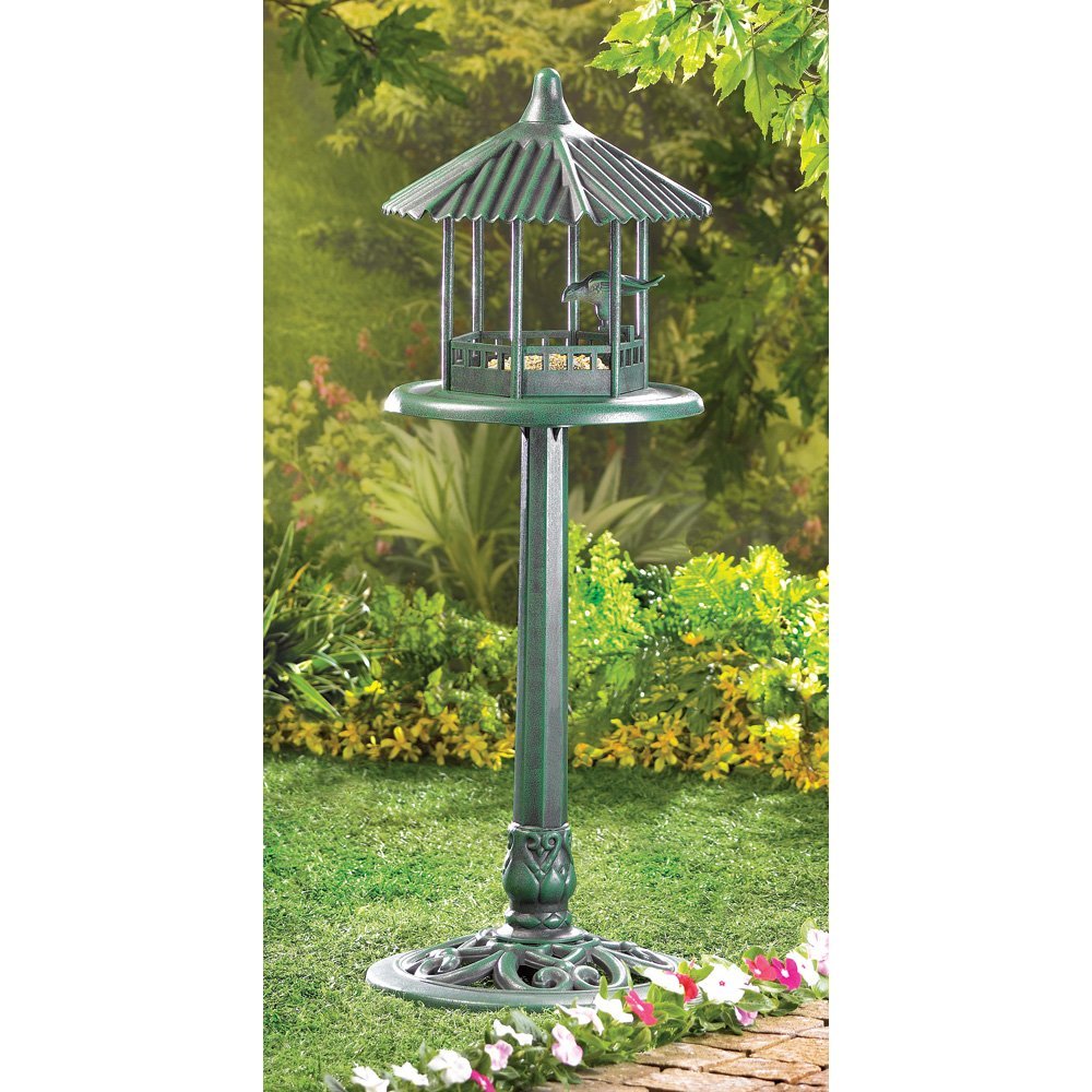 Standing Bird Feeder - Lightweight Sculpted Metal, 39.75 Inches, Light Green | Vintage Lamp Post Design, Round Shape, Outdoor Garden Decoration