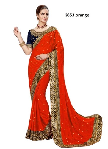 Orange Party Wear Solid Embellished Satin Silk Saree Collection