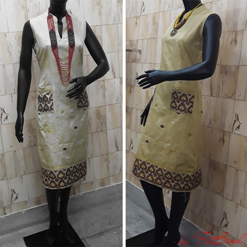 Ladies Designer Kurti - Silk, Knee-length, Beige | Hand Embroidery, Comfortable Fit, Elegant Design, Stylish A-line Style, Sleeveless, Versatile Wear