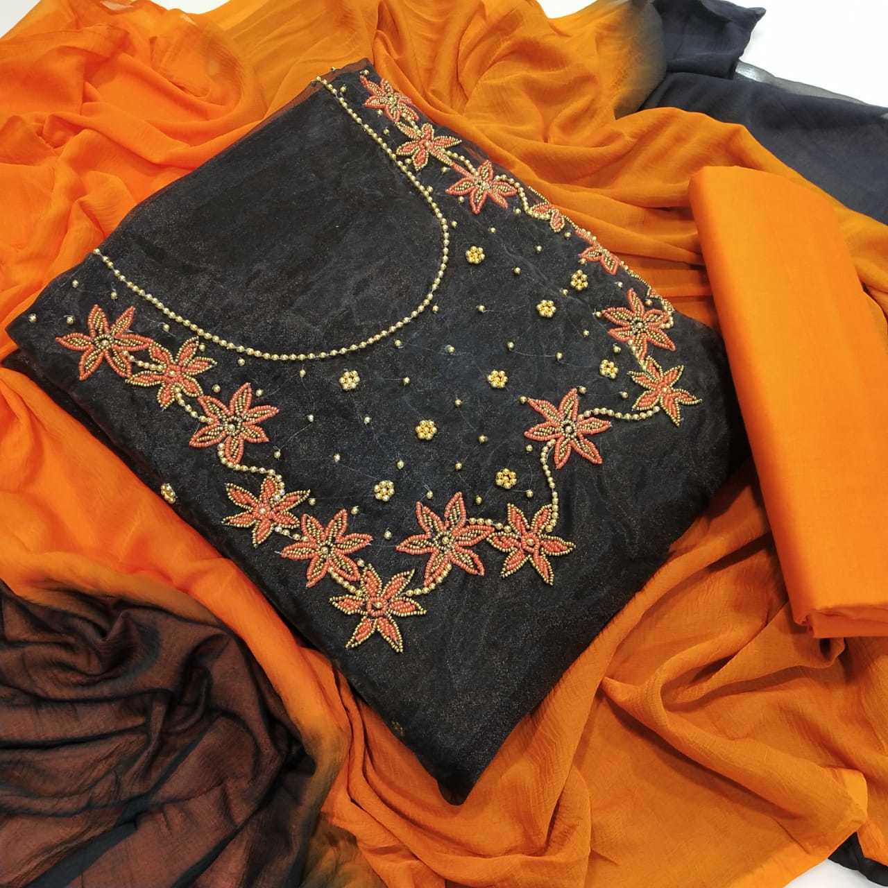 Dress Material - Organza With Khatli Work, Semi Loan Santoon Inner And Nazmin Dupatta | Breathable, Washable, Full Sleeves, Custom Size, All Season