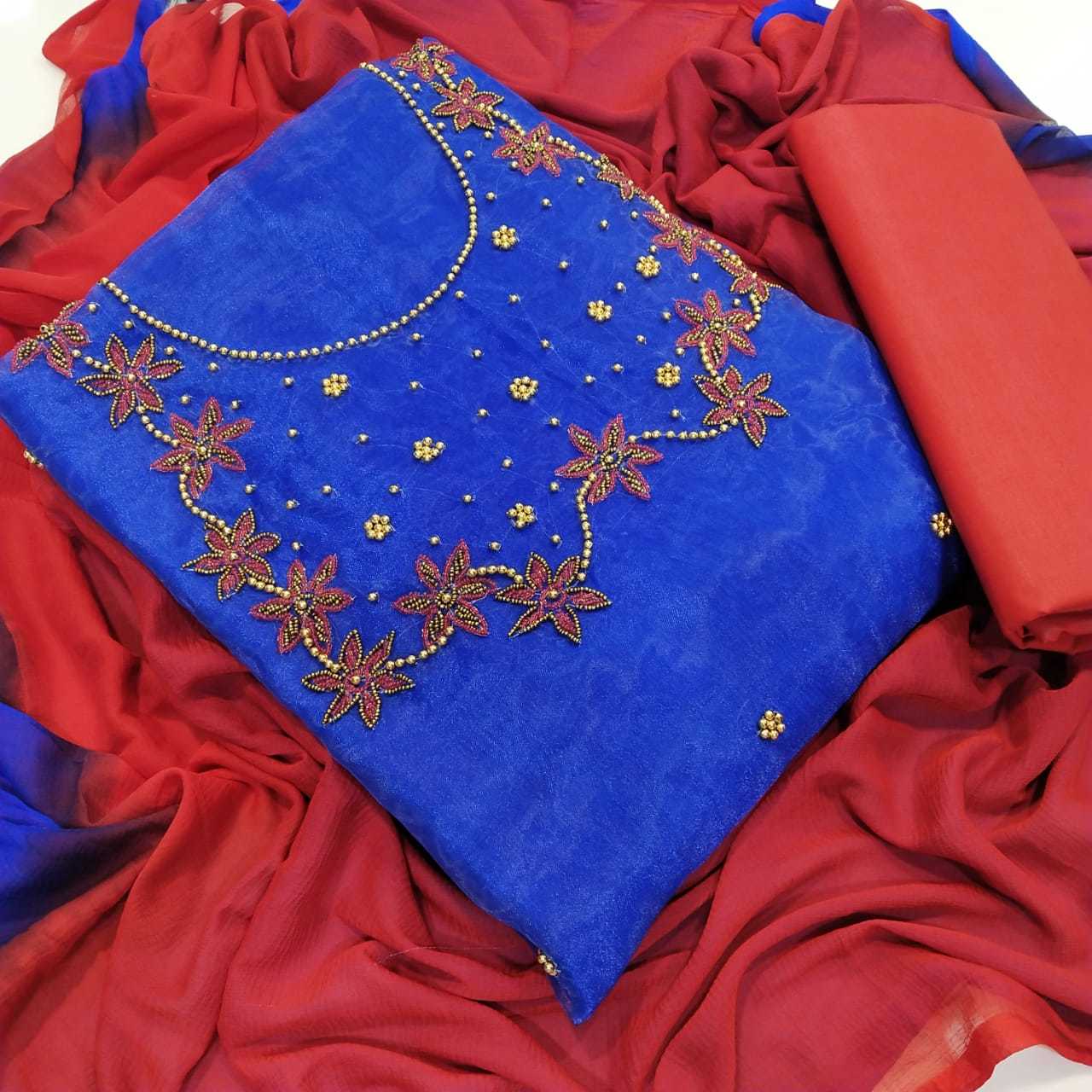 Dress Material - Organza With Khatli Work, Semi Loan Santoon Inner And Nazmin Dupatta | Breathable, Washable, Full Sleeves, Custom Size, All Season