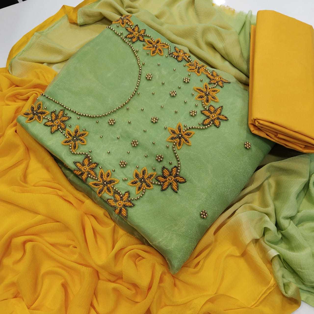 Dress Material - Organza With Khatli Work, Semi Loan Santoon Inner And Nazmin Dupatta | Breathable, Washable, Full Sleeves, Custom Size, All Season