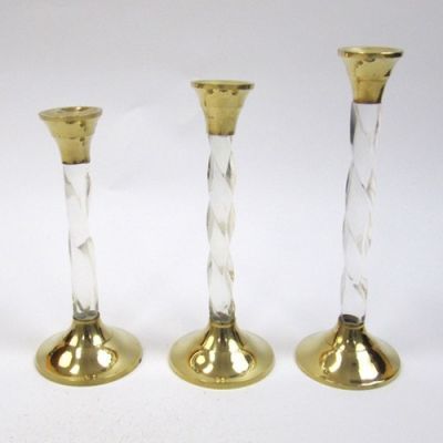 Brass Candle Holder Set - 3 Piece With Varying Heights, Golden Finish And Ridged Accents For Elegant Home Decoration