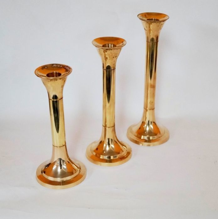 Brass Candle Holder Set - 3 Piece With Varying Heights, Golden Finish And Ridged Accents For Elegant Home Decoration