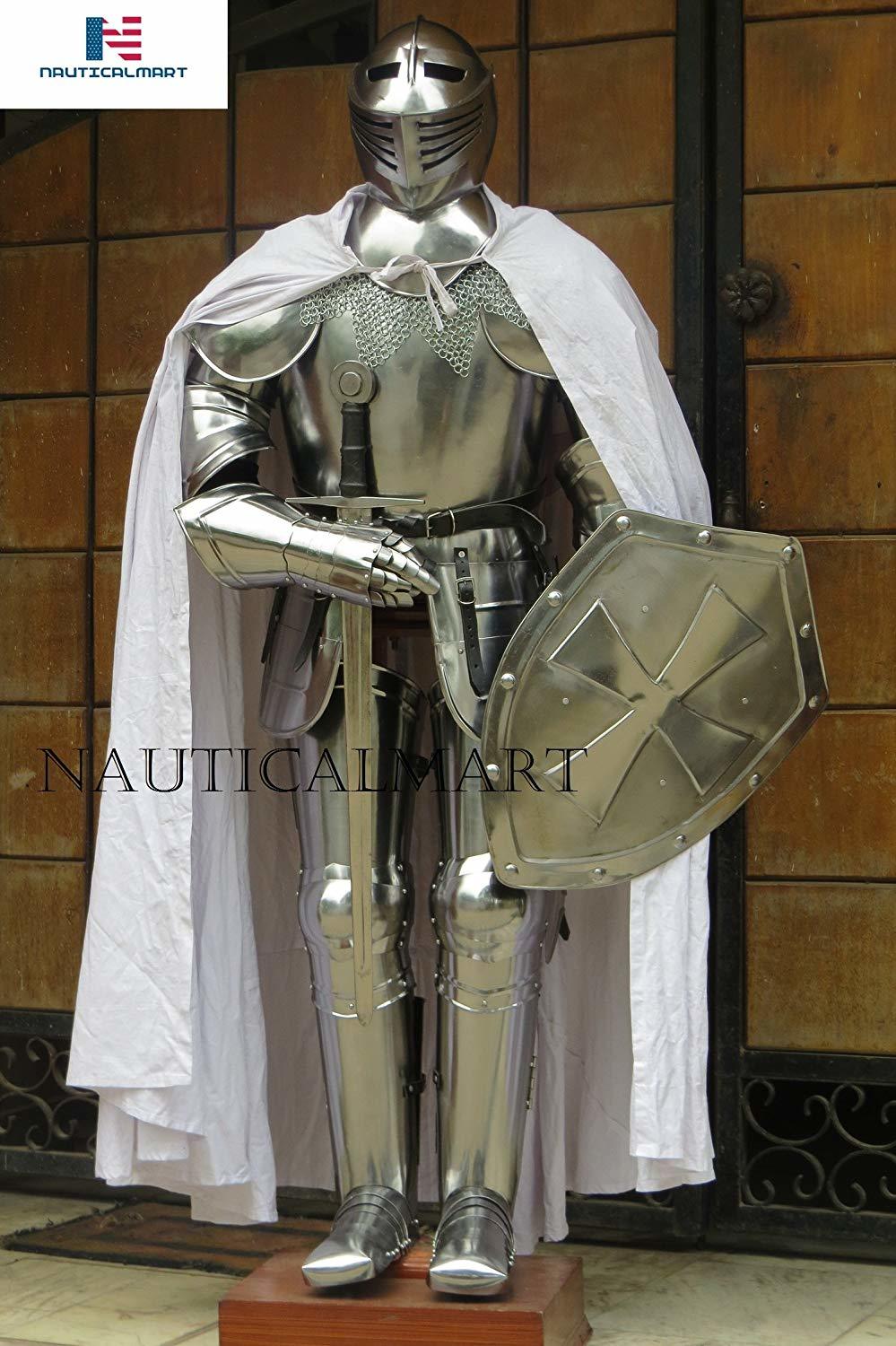 Steel Nauticalmart Knight Suit Of Armor Medieval Reenactment Wearable Metallic One Size Halloween, Shield, Sword, Cape, Chainmail
