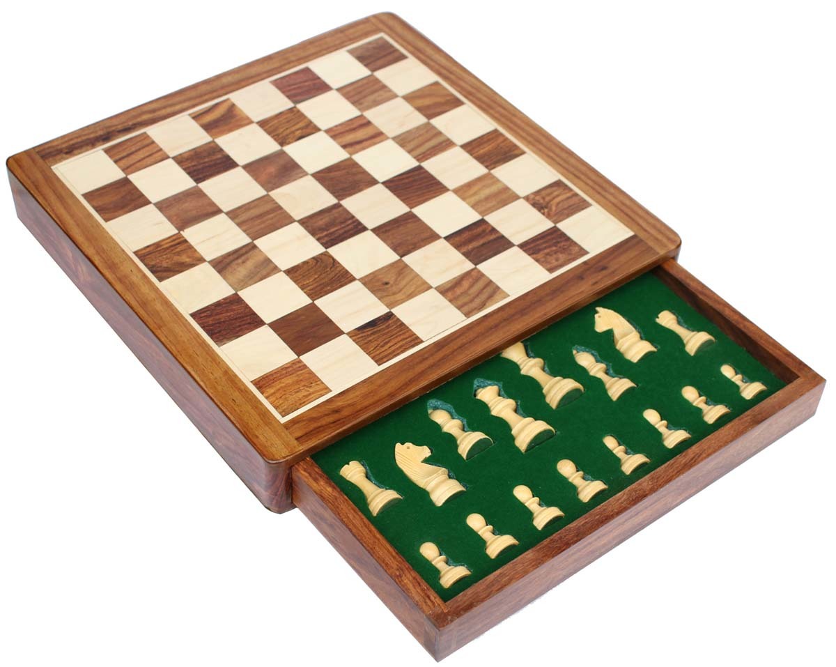 Square Chess Board & Chessmen Set With Storage Drawer
