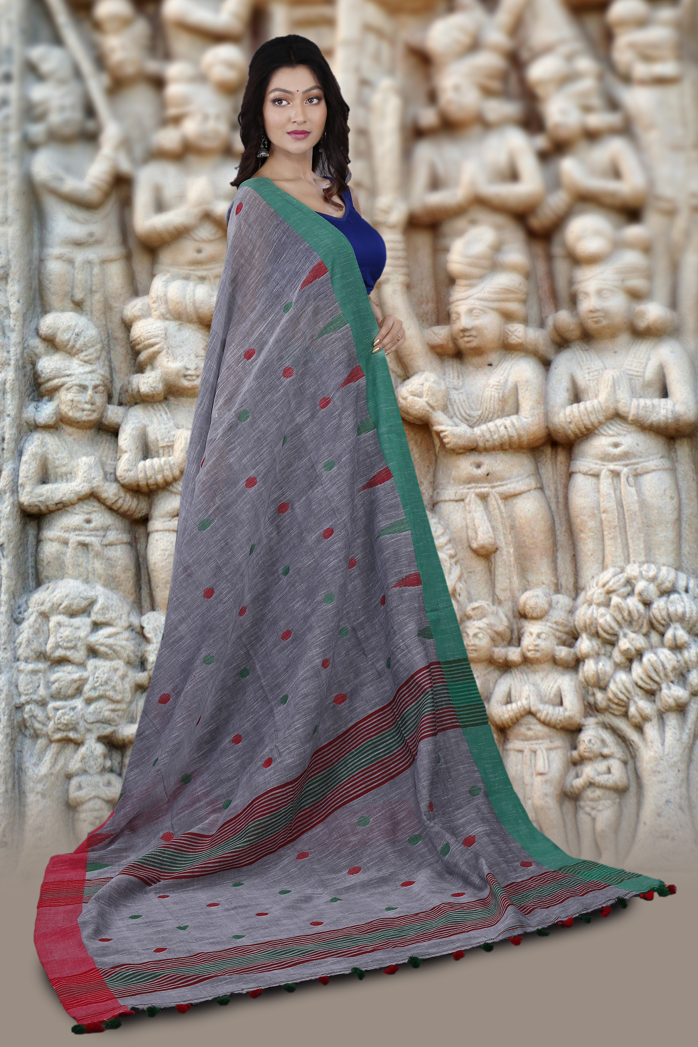 Handwoven Bengal Handloom Grey And Red Hand Woven Pure Cotton Saree