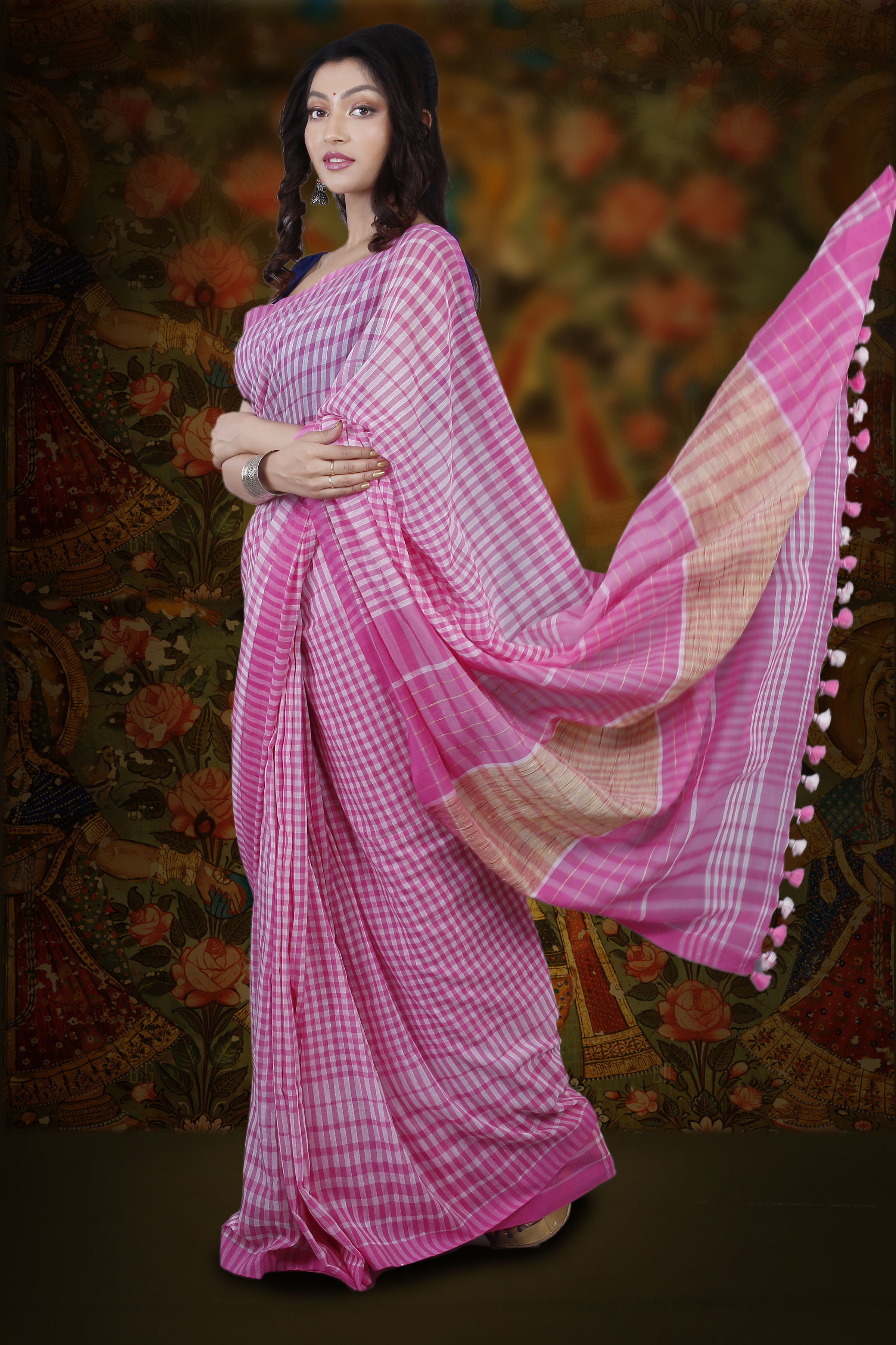 Handwoven Bengal Handloom Pink And White Check Hand Woven Pure Cotton Saree
