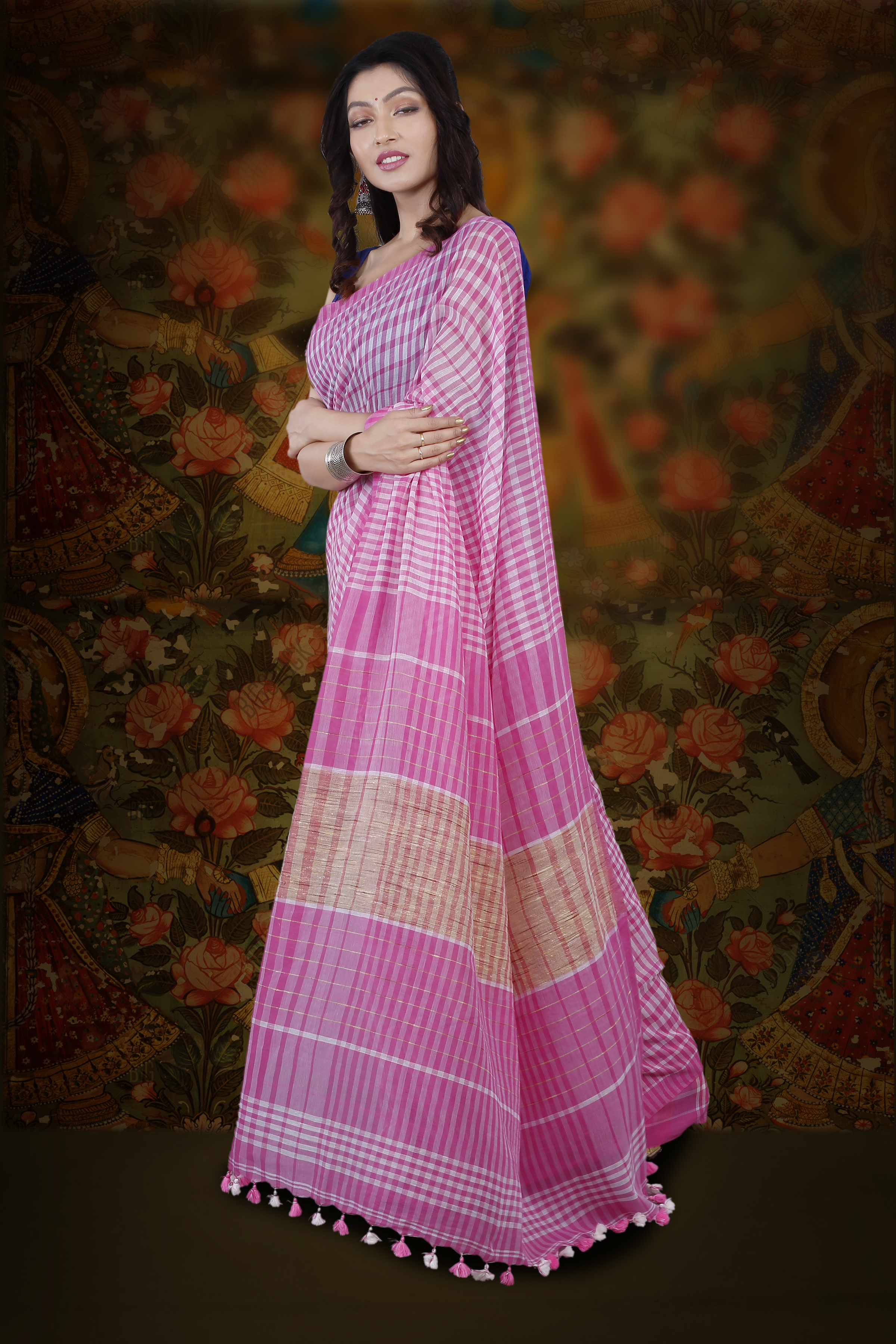 Handwoven Bengal Handloom Pink And White Check Hand Woven Pure Cotton Saree