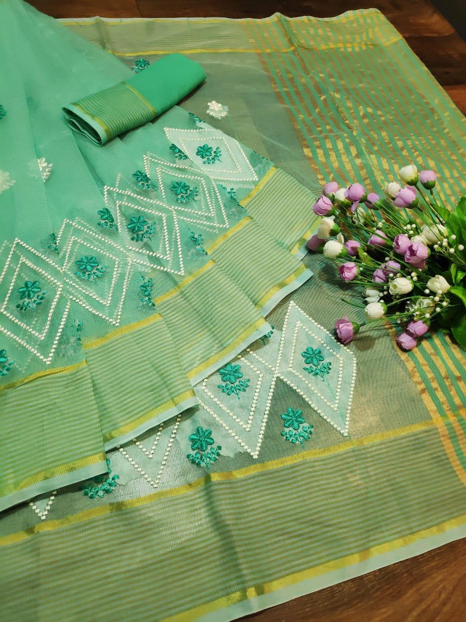 Saree - Supernet Fabric With Embroidered Skirt & Pallu Work, Customized Size In Colour 7 | Washable, Breathable, All-season Elegance