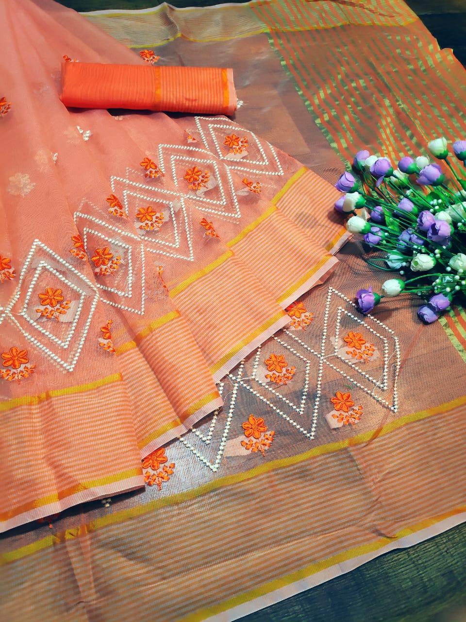 Saree - Supernet Fabric With Embroidered Skirt & Pallu Work, Customized Size In Colour 7 | Washable, Breathable, All-season Elegance