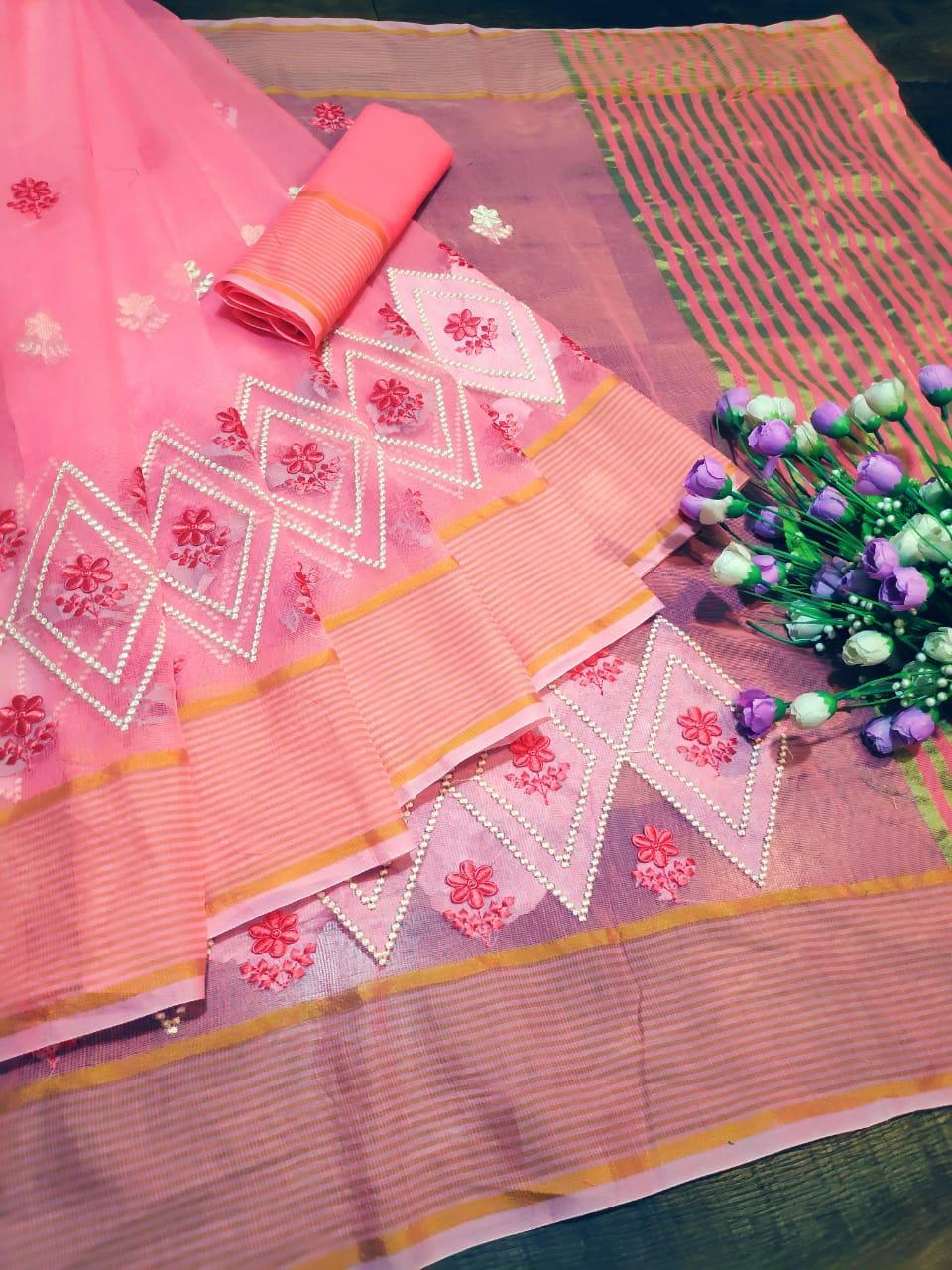 Saree - Supernet Fabric With Embroidered Skirt & Pallu Work, Customized Size In Colour 7 | Washable, Breathable, All-season Elegance