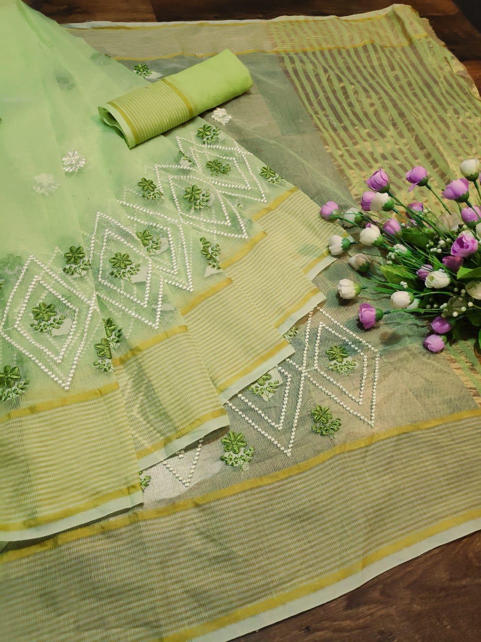 Saree - Supernet Fabric With Embroidered Skirt & Pallu Work, Customized Size In Colour 7 | Washable, Breathable, All-season Elegance