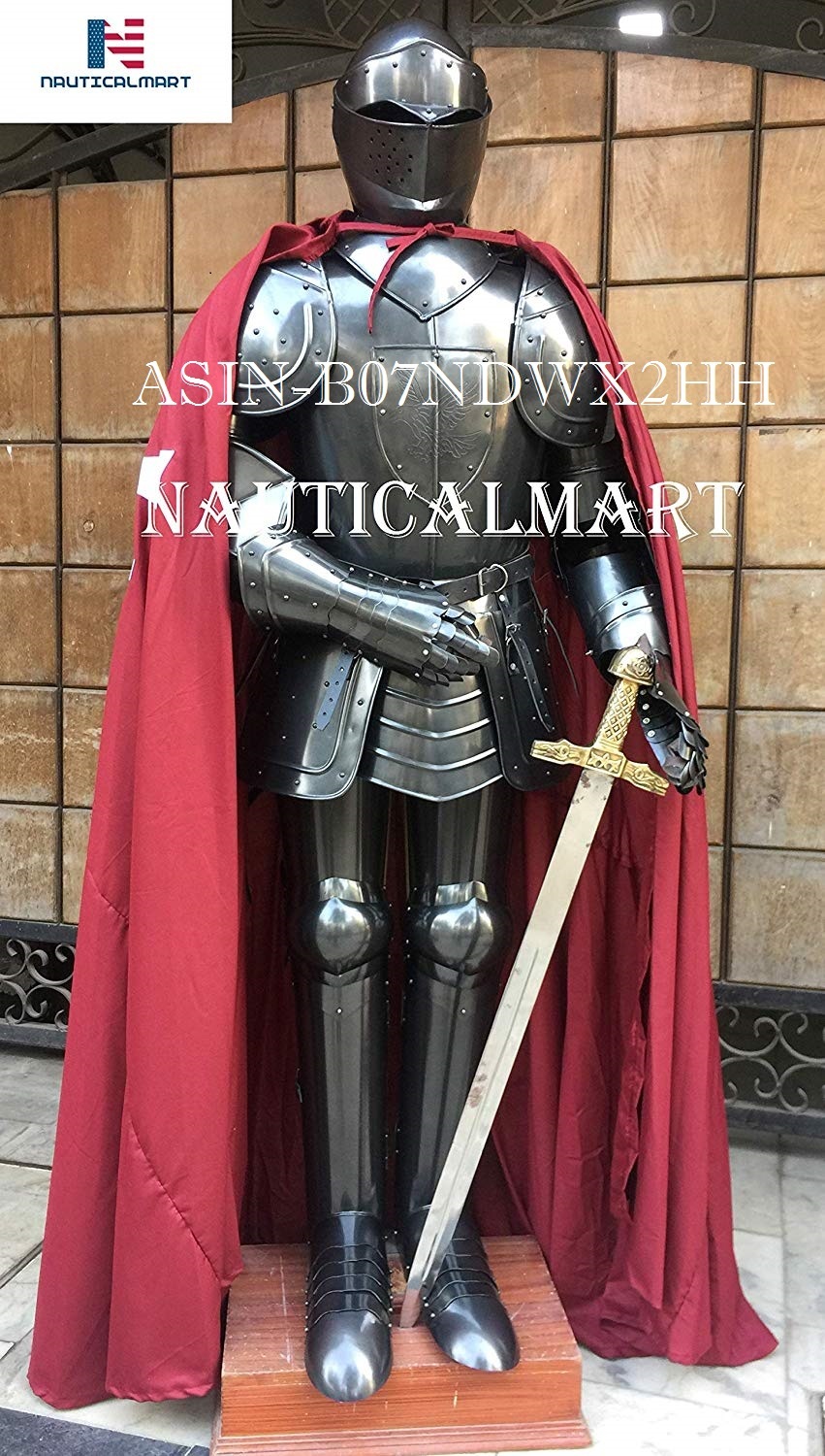 Marble Nauticalmart Black Knight Medieval Suit Of Armor With Sword, Cloak